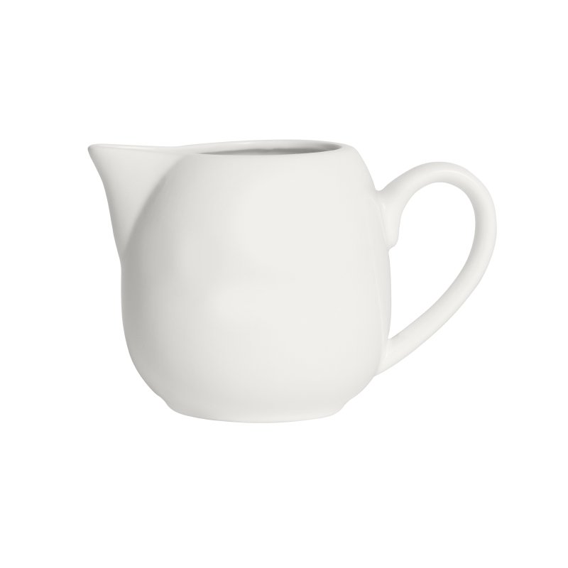 Second side view of the white A-La-Carte milk jug showing the spout on the left and the handle on the right