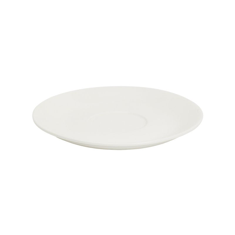 White Connoisseur A-La-Carte saucer seen at a low angle, showing the shallow face and recessed centre ring for the cup
