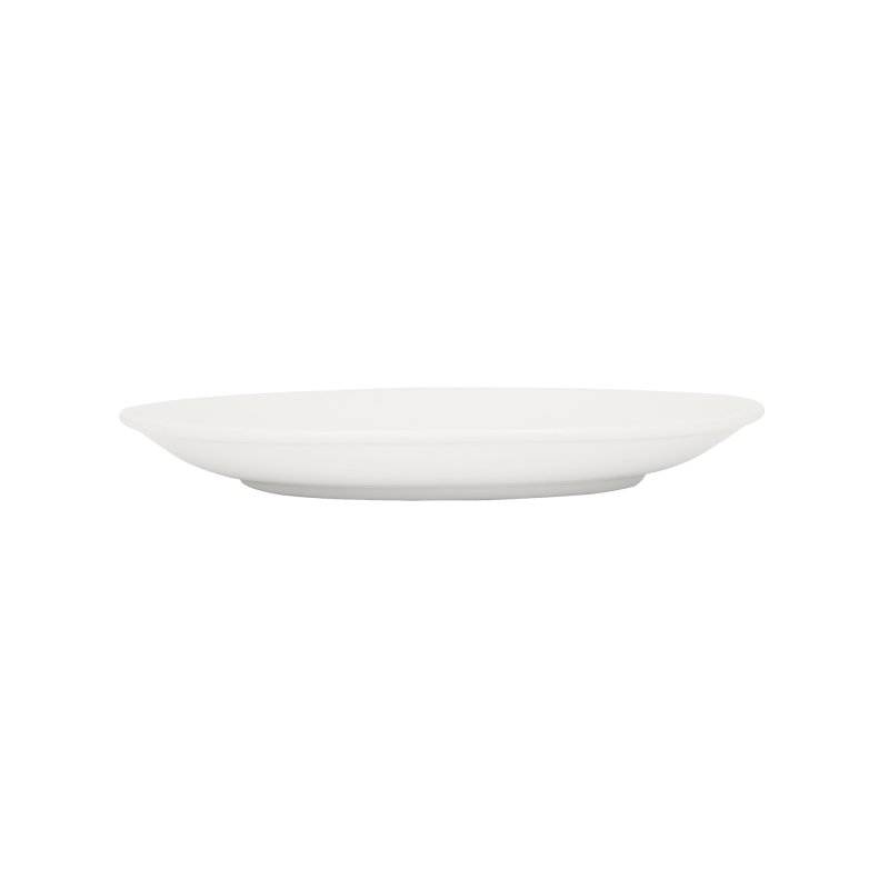 Side profile of the white saucer showing its low height and the foot underneath