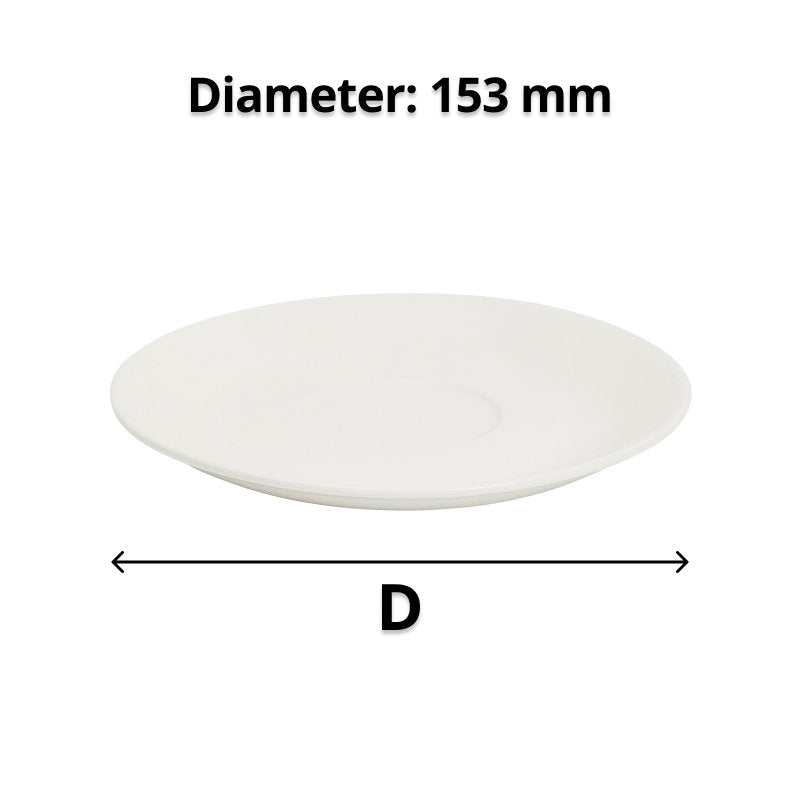 White saucer with a horizontal arrow beneath it and the caption Diameter: 153 mm