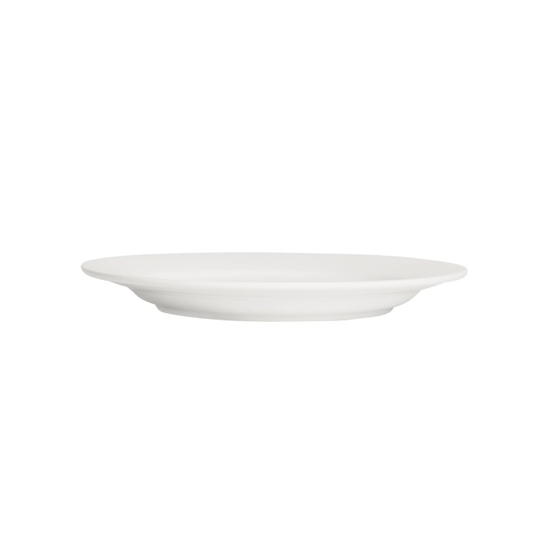 Side view of the 185 mm rimmed side plate showing the low well and slightly lifted rim