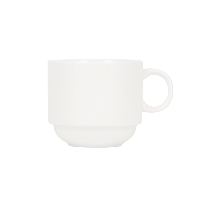Side view of the stackable cup showing the straight body, stepped base and loop handle