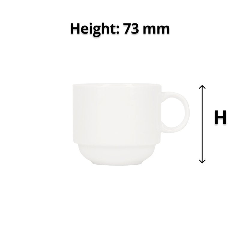 White stackable cup with a vertical arrow and the caption Height: 73 mm