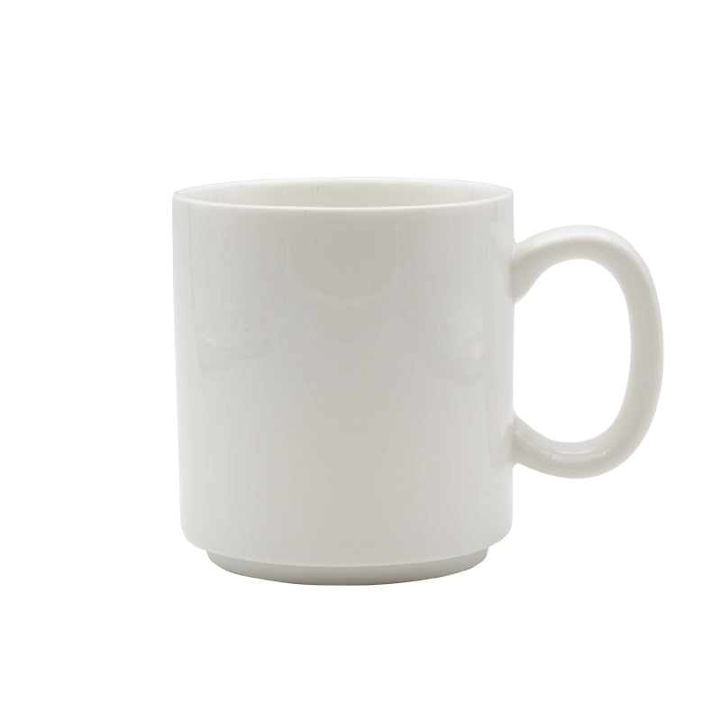 Connoisseur A-La-Carte stackable mug in white porcelain, side view showing the straight sides, rounded handle and stepped foot