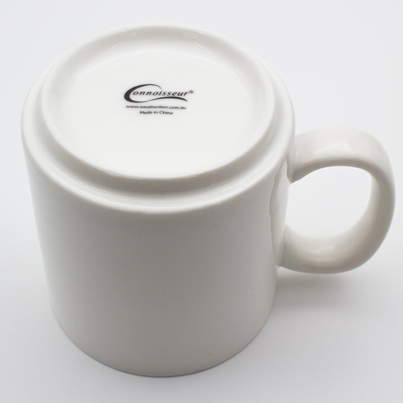 White stackable mug tipped back to show the Connoisseur logo printed on the base
