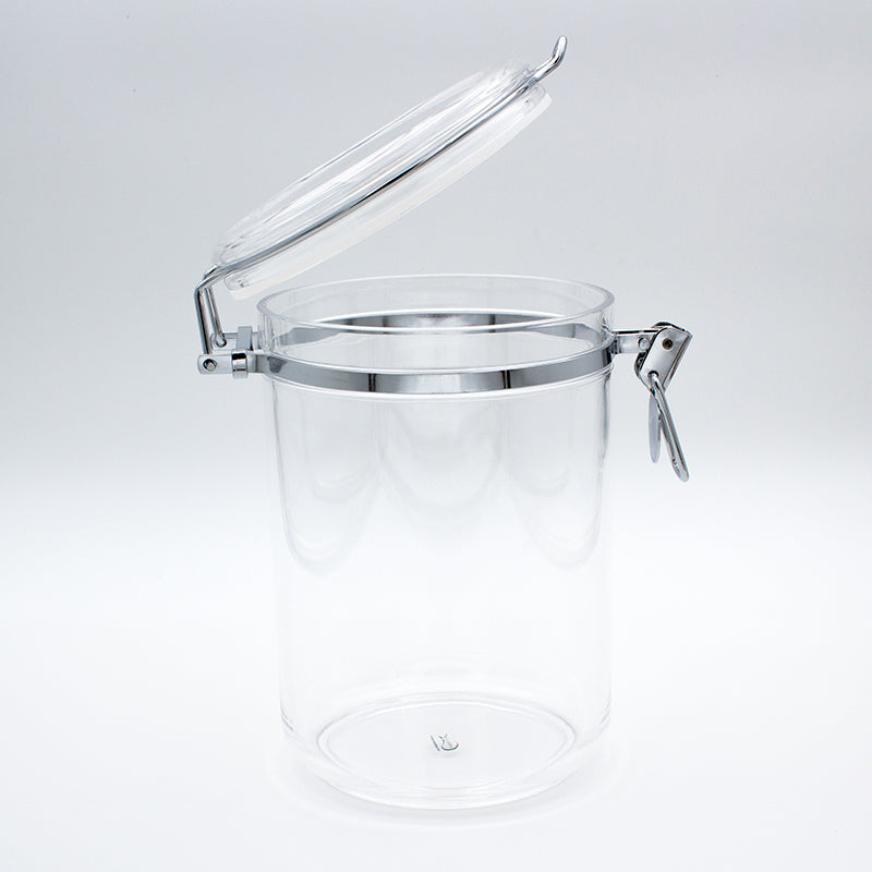 Empty 1.8 L canister with the clear lid tilted open on its hinge