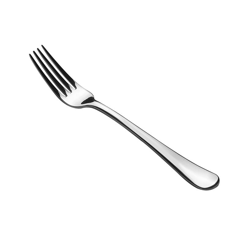 Connoisseur Auberge fork on white, four tines at top left and the mirror polished handle running to a rounded tip