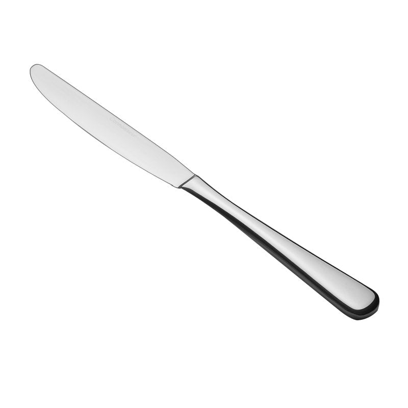 Connoisseur Auberge knife on white, rounded blade at the top left and the mirror polished handle curving down to the right