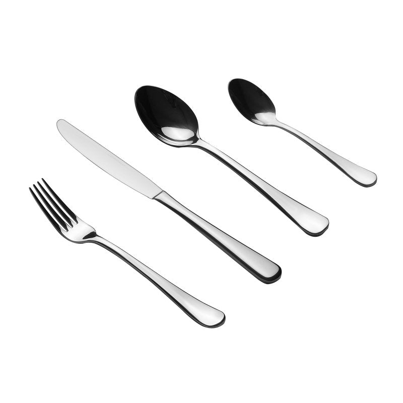 Auberge fork, knife, dessert spoon and teaspoon in a row on white, the knife the longest of the four
