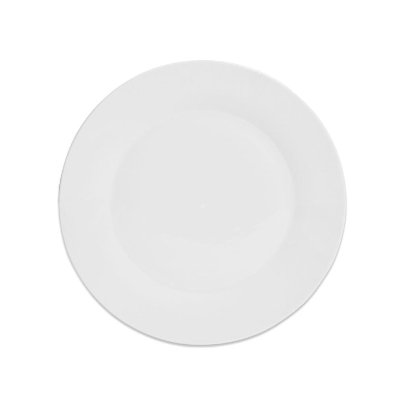 White Connoisseur Basics dinner plate from above, showing a wide gently shaped rim around a flat centre