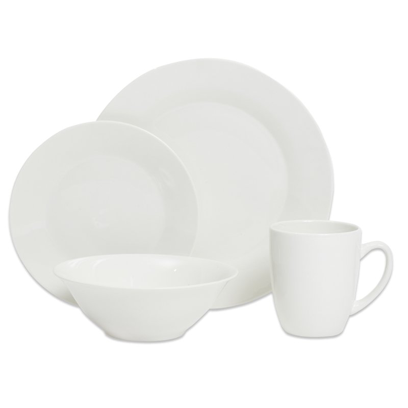 Connoisseur Basics pieces grouped: dinner plate, side plate, bowl and mug in white gloss porcelain