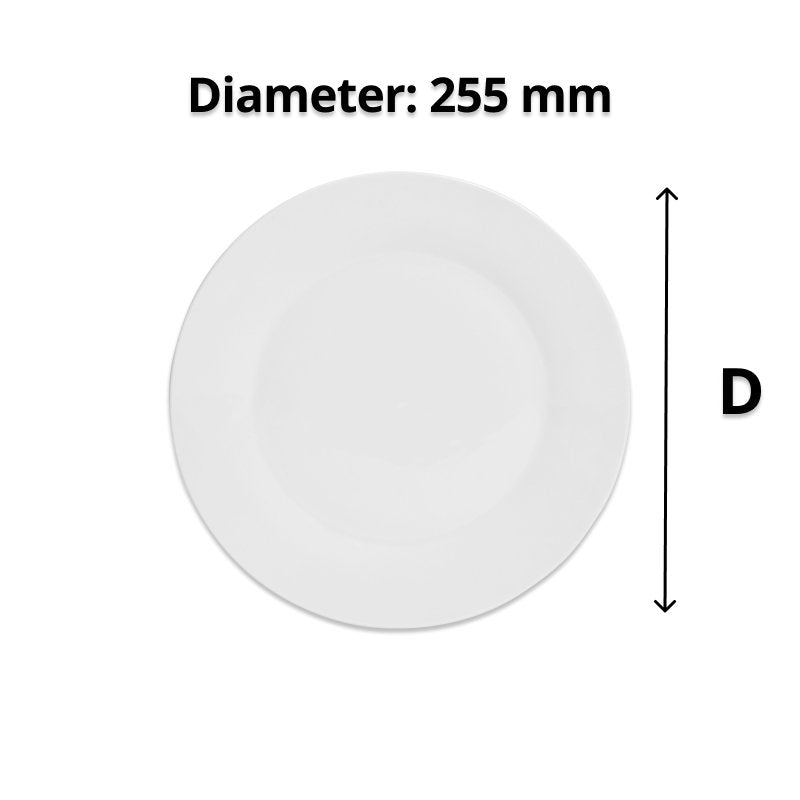 Top view of the Basics dinner plate with an arrow and the caption Diameter: 255 mm