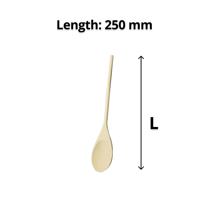 Wooden cooking spoon beside a vertical arrow marked L with the caption Length: 250 mm