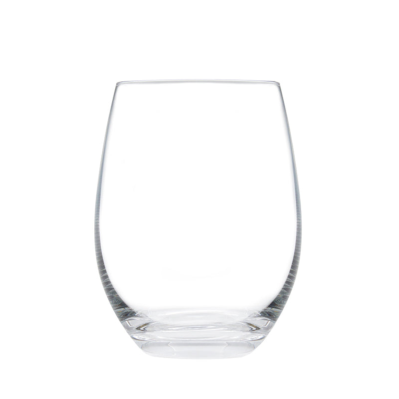 Connoisseur Berlin stemless wine glass on white, a clear rounded egg-shaped bowl that sits flat with no stem