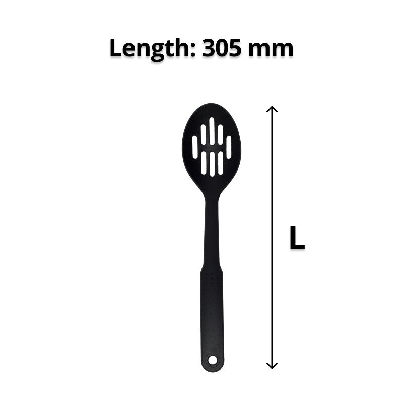 Black slotted spoon next to a vertical arrow marked L under the caption Length: 305 mm