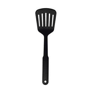 Connoisseur black slotted turner on white, wide square-ended head with five long slots, angled neck and narrow handle with a hanging hole