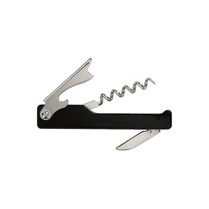 Connoisseur black waiters friend opened out, showing the steel corkscrew, the hinged lever and the fold-out foil blade