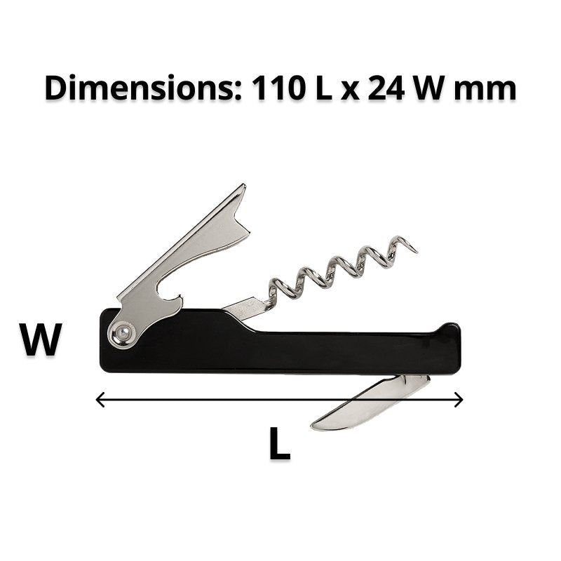 Black waiters friend with its tools open and a line marking length, under the heading Dimensions 110 L x 24 W mm