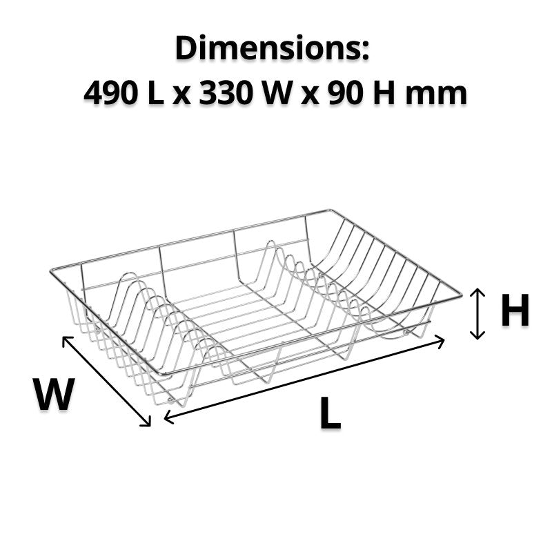Chrome dish drainer with arrows for length, width and height and the heading Dimensions 490 L x 330 W x 90 H mm