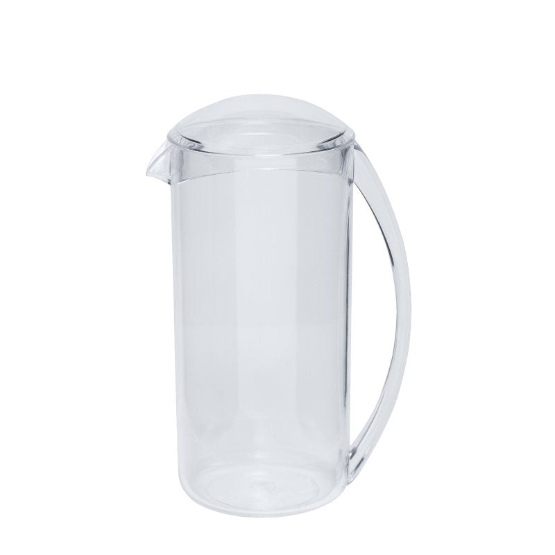 Connoisseur clear plastic water jug with a domed lid, tall slim cylindrical body and curved handle, on white