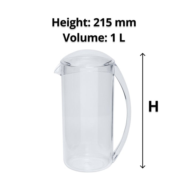 Clear 1 litre jug beside a height arrow labelled H with the caption Height: 215 mm, Volume: 1 L