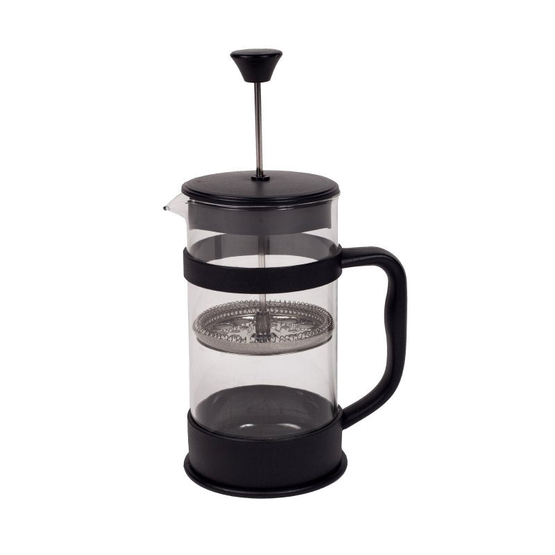 Connoisseur 8 cup coffee plunger with a clear glass body, black frame, lid and handle, and the plunger rod raised
