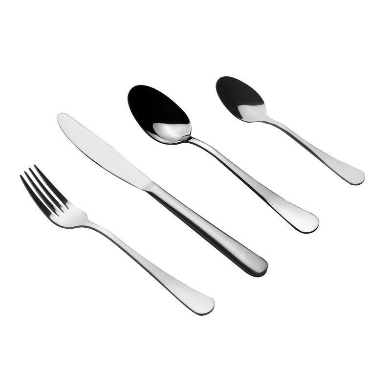 Curve fork, knife, dessert spoon and teaspoon lined up on a white background
