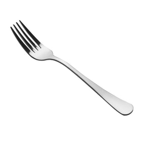 Connoisseur Curve fork on white, four tines at the top left and a polished handle widening to a rounded end
