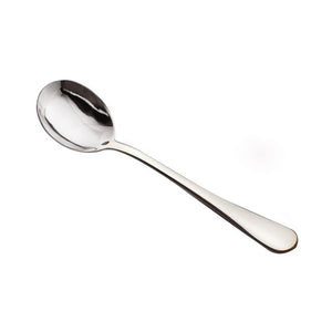 Connoisseur Curve soup spoon on white, with a round polished bowl at the left and the handle widening to a rounded end