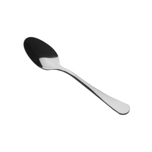 Connoisseur Curve teaspoon on white, polished oval bowl at the upper left and a broad rounded handle end at the right