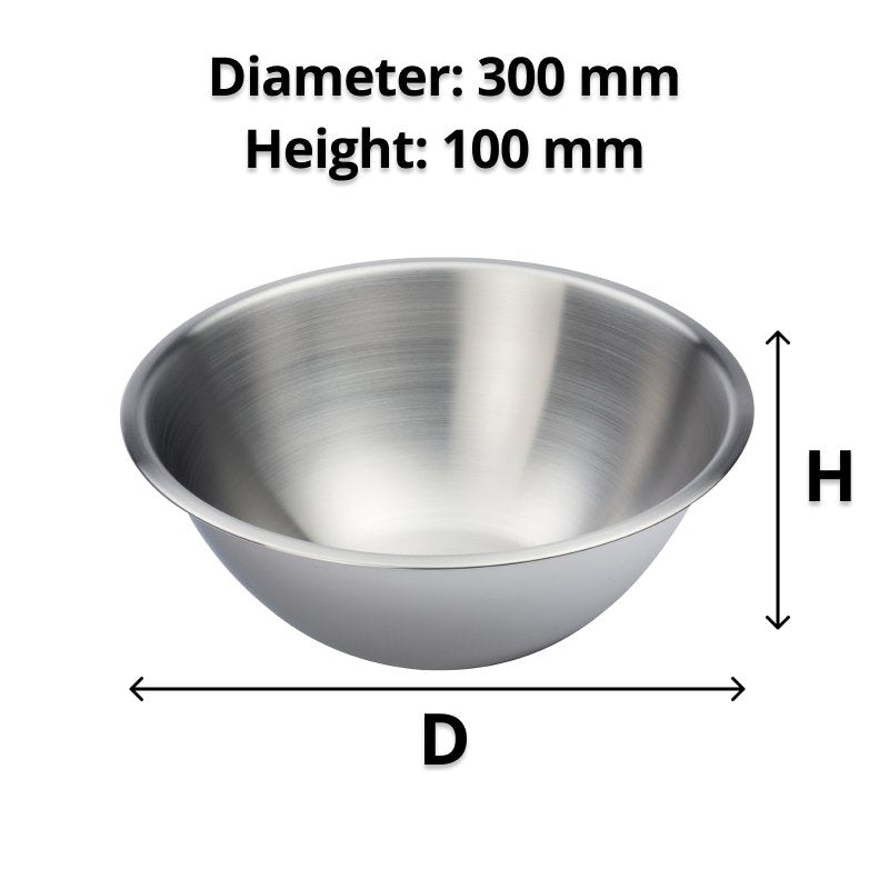 Stainless steel mixing bowl with arrows for diameter and height under the heading Diameter 300 mm and Height 100 mm