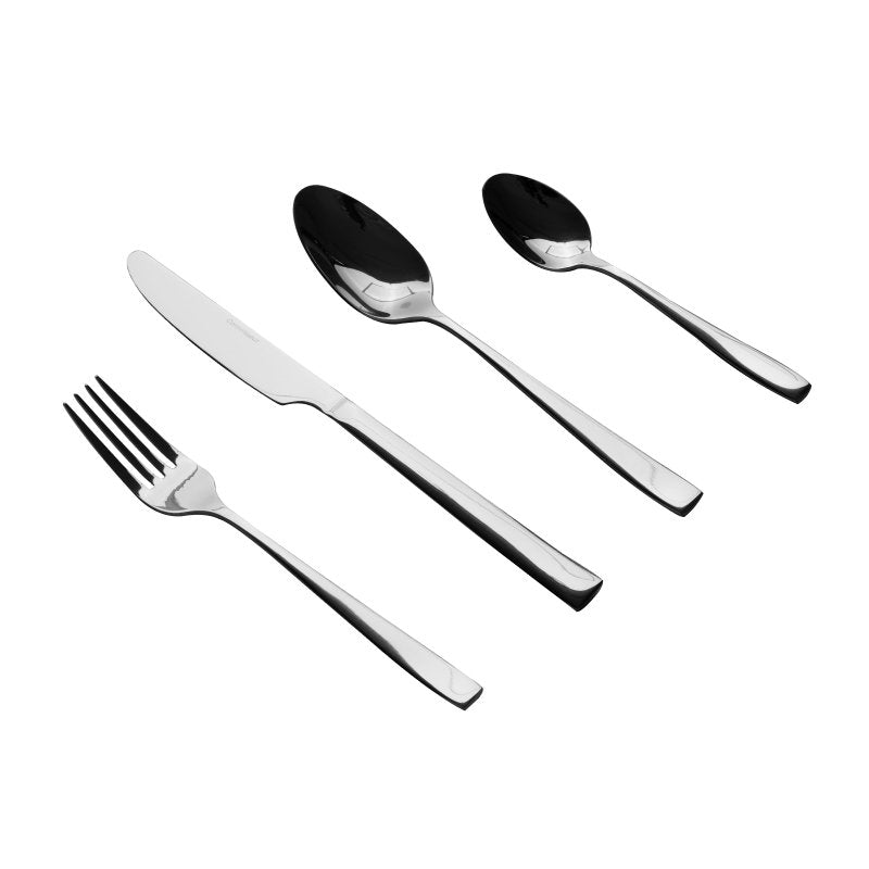 Edge fork, knife, dessert spoon and teaspoon on white, the knife the longest of the set
