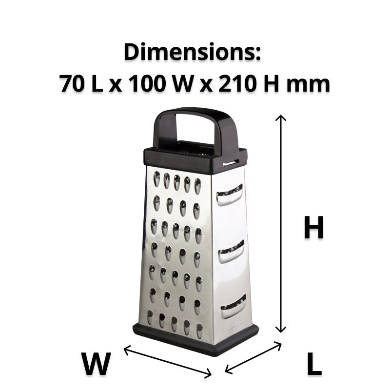 Stainless steel box grater with arrows for length, width and height under the heading Dimensions 70 L x 100 W x 210 H mm
