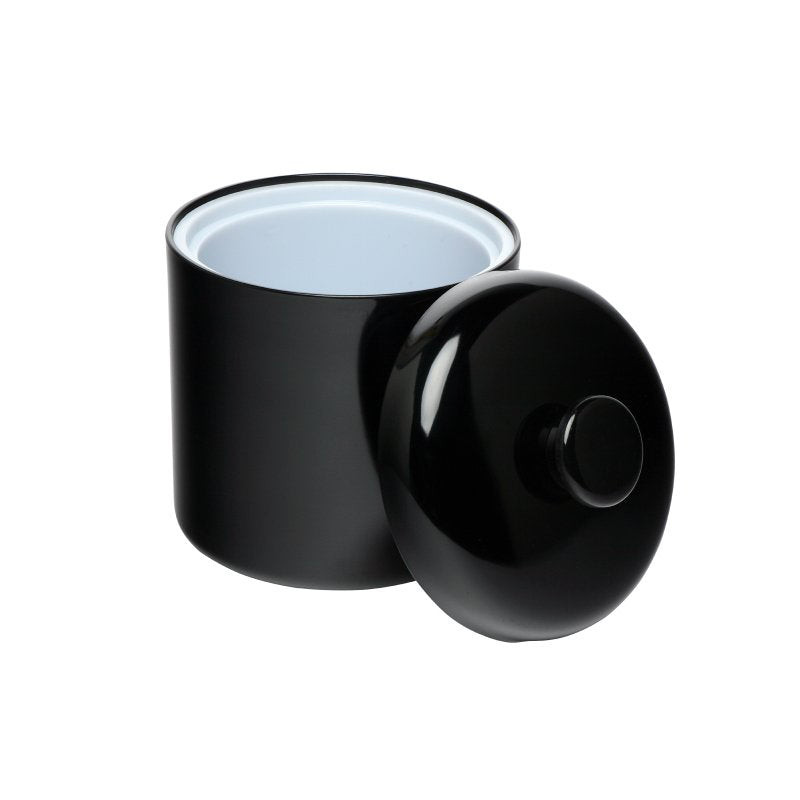 Black Connoisseur melamine ice bucket with a pale interior, its domed black lid with a round knob leaning against the front