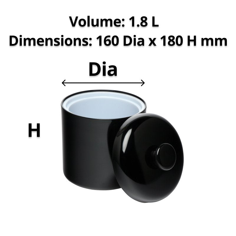 Black ice bucket and lid under the heading Volume 1.8 L and Dimensions 160 Dia x 180 H mm, with arrows marking diameter and height