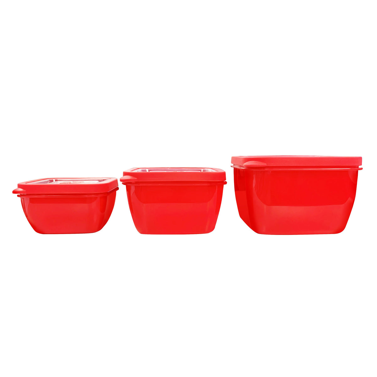 Side view of the three red Connoisseur containers in a row with lids on, showing their different heights
