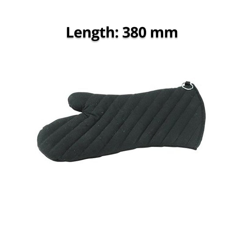 Black Connoisseur oven mitt under the heading Length 380 mm, showing the thumb and the hanging ring at the cuff