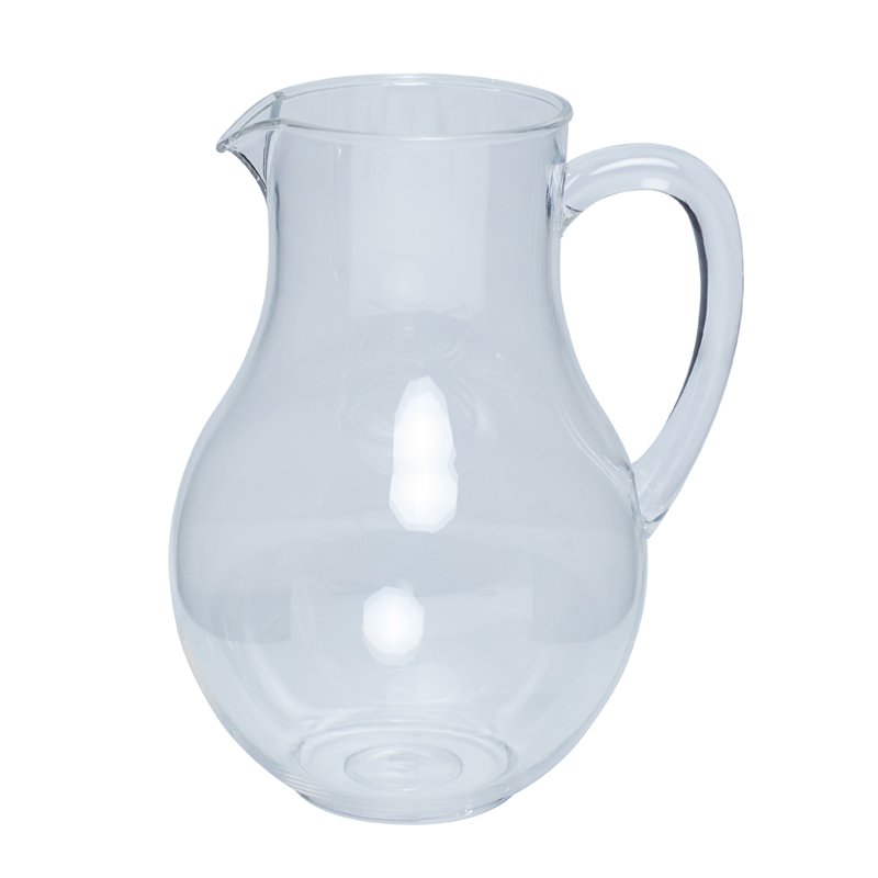 Connoisseur clear polycarbonate belly jug on white, rounded body narrowing to the neck, open spout and large loop handle