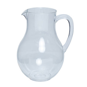 Connoisseur clear polycarbonate belly jug on white, rounded body narrowing to the neck, open spout and large loop handle