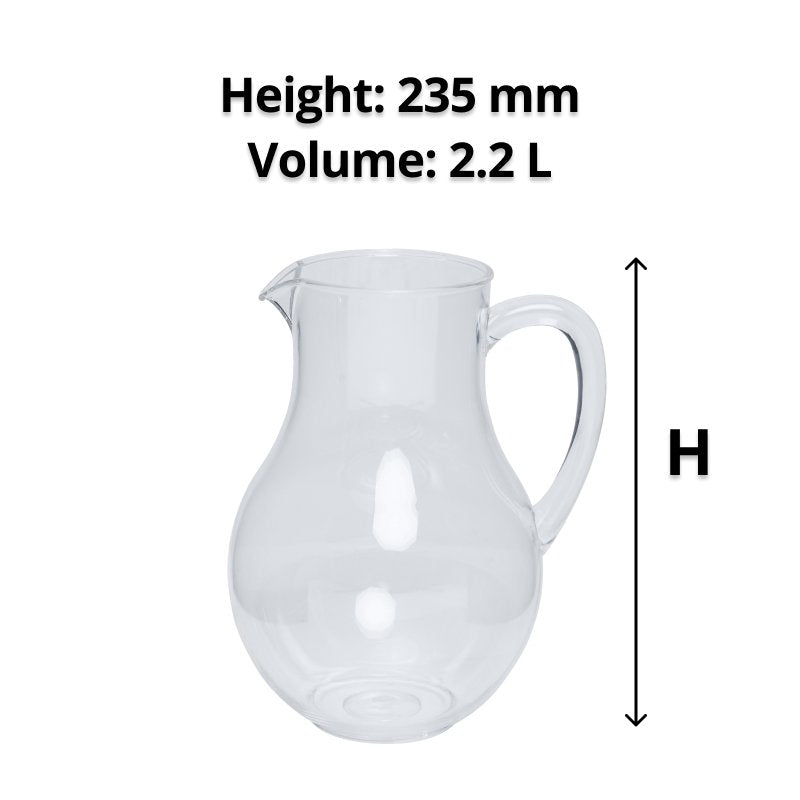 Clear belly jug beside a height arrow marked H with the caption Height: 235 mm, Volume: 2.2 L