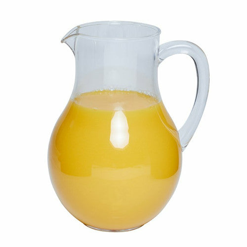 Polycarbonate belly jug filled with orange juice on a white background