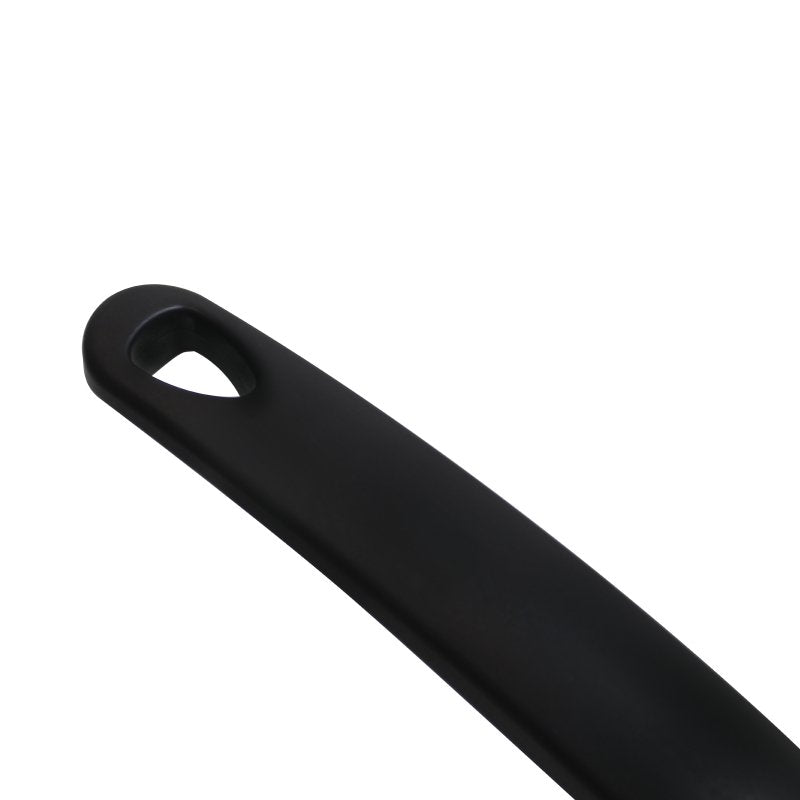 Close-up of the black frypan handle with its hanging hole, against a white background