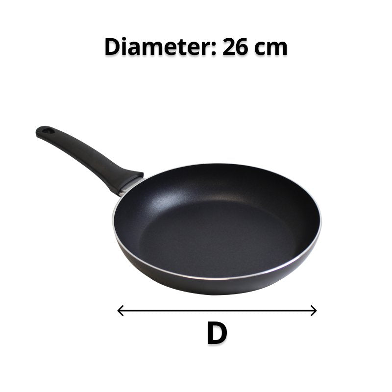 Weatherdon dimension tile of the black frypan with an arrow marked D and the caption Diameter 26 cm