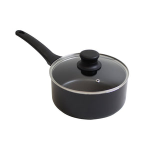 Connoisseur 20 cm black non-stick saucepan with a glass lid and black knob, the long handle angled back to the left