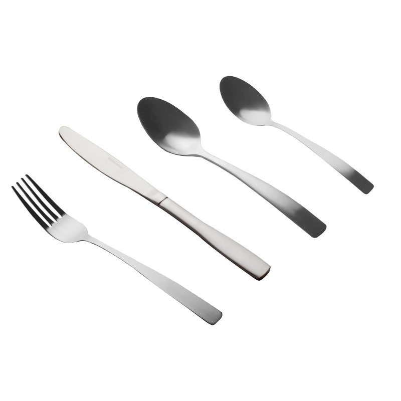 Satin fork, knife, dessert spoon and teaspoon laid in a row on a white background