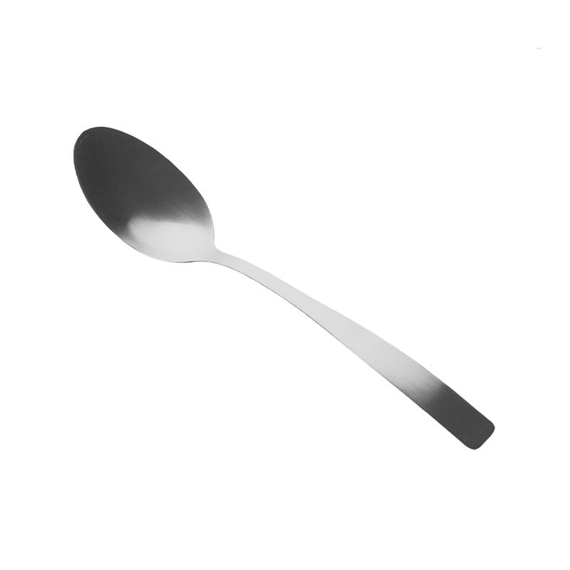 Connoisseur Satin teaspoon 50101 on a white background, angled to show the oval bowl and brushed stainless steel handle