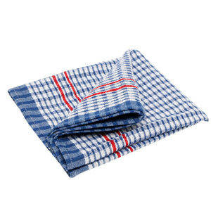 Folded Connoisseur tea towel in a blue and white check with red stripes along the edges, on a white background
