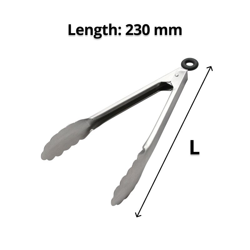 Steel serving tongs with a diagonal arrow marked L along their length and the caption Length: 230 mm
