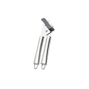 Connoisseur manual can opener with two stainless steel handles ending in wire loops and a black cap on the cutting head