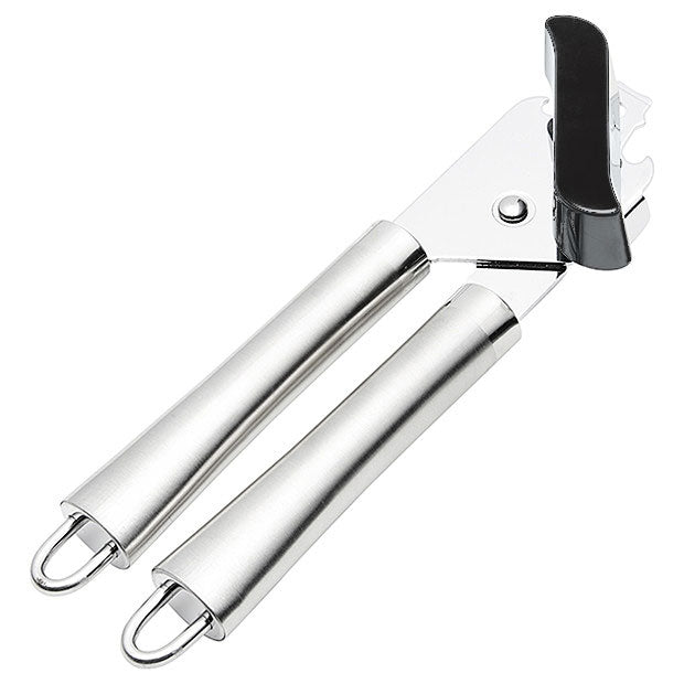 Close-up of the Connoisseur can opener cutting head with its black cap and the polished stainless steel handles